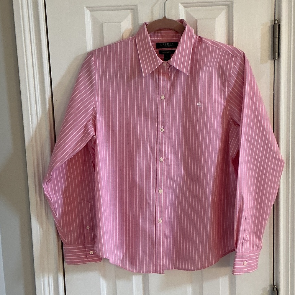 Ralph Lauren Pink & White Striped Button- Down Shirt w/ Logo